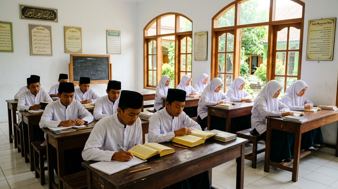 Santri dalam kegiatan belajar di madrasah